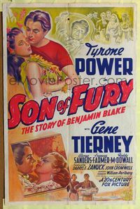 7k687 SON OF FURY int'l 1sh '42 stone litho of Tyrone Power w/pretty Gene Tierney, Frances Farmer!