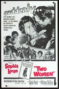 7k810 TWO WOMEN 1sh '61 Vittorio De Sica's La Ciociara, c/u of terrified Sophia Loren!