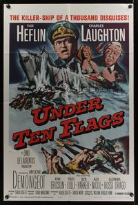 7k818 UNDER TEN FLAGS 1sh '60 art of Van Heflin, Charles Laughton & sexy Mylene Demongeot!