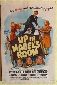 7k828 UP IN MABEL'S ROOM 1sh '44 wacky artwork of Marjorie Reynolds, Dennis O'Keefe & Gail Patrick