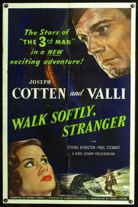 7k843 WALK SOFTLY STRANGER 1sh '50 Robert Stevenson directed, art of Joseph Cotten & pretty Valli!
