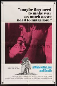 7k844 WALK WITH LOVE & DEATH int'l 1sh '69 John Huston, Anjelica Huston romantic close up!