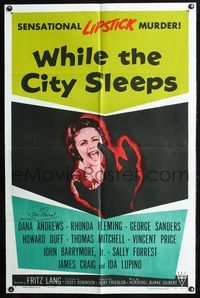 7k859 WHILE THE CITY SLEEPS style A 1sh '56 great image of killer's victim, Fritz Lang noir!