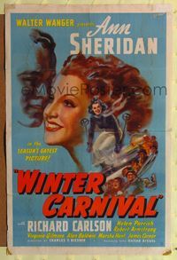 7k878 WINTER CARNIVAL 1sh '39 Ann Sheridan, Richard Carlson & Helen Parrish, great snow sports art