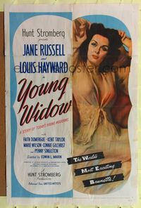 7k895 YOUNG WIDOW 1sh '46 full-length image of world's most exciting sexy brunette Jane Russell!