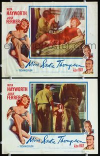 7m926 MISS SADIE THOMPSON 2 LCs '53 sexy Rita Hayworth lies in bed, Aldo Ray!
