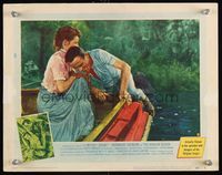 7r123 AFRICAN QUEEN LC #8 '52 missionary Katharine Hepburn helps Humphrey Bogart into boat!