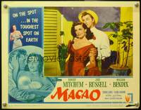 7r479 MACAO LC #1 '52 Josef von Sternberg, best c/u of Robert Mitchum holding sexy Jane Russell!