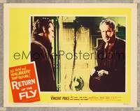 7r652 RETURN OF THE FLY LC #3 '59 close up of concerned Vincent Price & Brett Halsey!