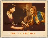 7r795 TRIBUTE TO A BAD MAN LC #2 '56 cowboy James Cagney holds pretty Irene Papas' hand!