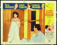7r821 VERY SPECIAL FAVOR LC #1 '65 Rock Hudson standing by naked Leslie Caron wrapped in towel!