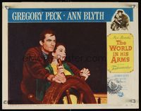 7r859 WORLD IN HIS ARMS LC #7 '52 close up of Gregory Peck & Ann Blyth at ship's wheel!