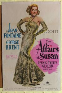 7s015 AFFAIRS OF SUSAN style A 1sh '45 full-length image of sexy Joan Fontaine in pretty dress!