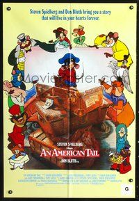 7s036 AMERICAN TAIL yellow style int'l 1sh '86 Steven Spielberg, Don Bluth, art of Fievel the mouse!