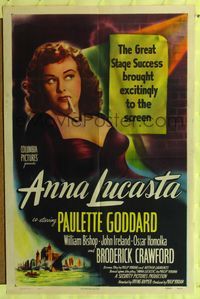 7s041 ANNA LUCASTA 1sh '49 great close up of sexy prostitute Paulette Goddard smoking!