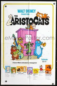 7s049 ARISTOCATS 1sh R80 Walt Disney feline jazz musical cartoon, great art of dancing cats!
