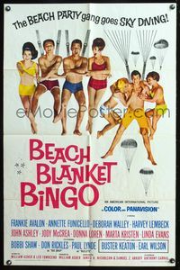7s064 BEACH BLANKET BINGO 1sh '65 Frankie Avalon & Annette Funicello go sky diving!
