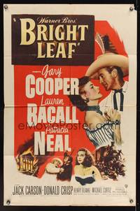 7s106 BRIGHT LEAF 1sh '50 great romantic close up of Gary Cooper & sexy Lauren Bacall!