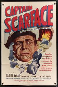 7s136 CAPTAIN SCARFACE 1sh '53 close up of Barton MacLane, whose soul was as crooked as his scar!