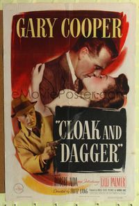 7s200 CLOAK & DAGGER 1sh '46 romantic close up of Gary Cooper & Lilli Palmer, Fritz Lang!