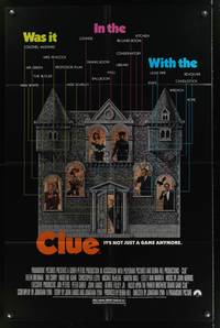 7s210 CLUE 1sh '85 Madeline Kahn, Tim Curry, Christopher Lloyd, cool board game poster design!