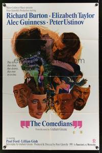 7s217 COMEDIANS style B 1sh '67 art of Richard Burton, Elizabeth Taylor, Alec Guinness & Ustinov!