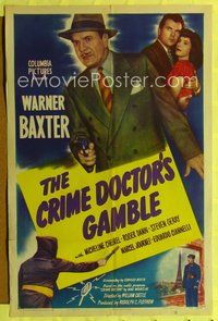 7s248 CRIME DOCTOR'S GAMBLE 1sh '47 great image of detective Warner Baxter pointing gun!