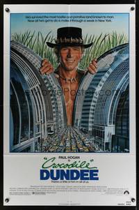 7s257 CROCODILE DUNDEE 1sh '86 cool art of Paul Hogan looming over New York City by Daniel Gouzee!