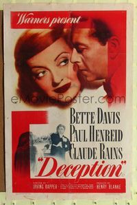 7s280 DECEPTION 1sh '46 great close-up of Bette Davis, Paul Henreid, Claude Rains