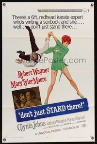 7s307 DON'T JUST STAND THERE 1sh '68 wacky art of sexiest Barbara Rhoades throwing Robert Wagner!