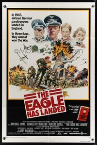 7s322 EAGLE HAS LANDED 1sh '77 cool art of Michael Caine in World War II by Robert Tanenbaum!