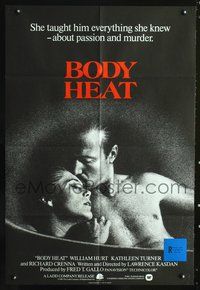 7s089 BODY HEAT English 1sh '81 close-up of William Hurt & sexy Kathleen Turner!