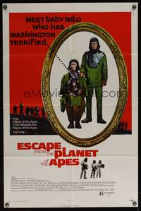 7s336 ESCAPE FROM THE PLANET OF THE APES 1sh '71 meet Baby Milo who has Washington terrified!