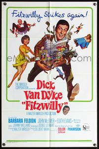 7s359 FITZWILLY 1sh '68 great comic art of Dick Van Dyke & Barbara Feldon!