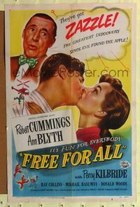 7s377 FREE FOR ALL 1sh '49 Ann Blyth, Robert Cummings turns water into gasoline!
