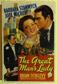 7s409 GREAT MAN'S LADY 1sh '41 great romantic art of Barbara Stanwyck & Joel McCrea, gambling!