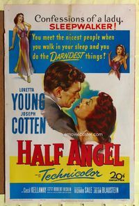 7s418 HALF ANGEL 1sh '51 Loretta Young, Joseph Cotten, confessions of a lady sleepwalker!