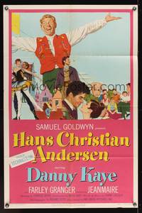 7s425 HANS CHRISTIAN ANDERSEN style A 1sh '53 art of Danny Kaye playing w/invisible flute!