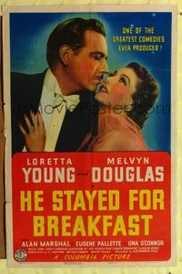 7s432 HE STAYED FOR BREAKFAST 1sh '40 Loretta Young, Melvyn Douglas!