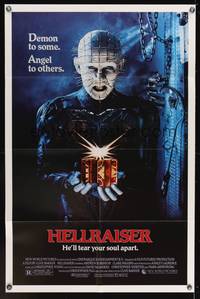 7s444 HELLRAISER 1sh '87 Clive Barker horror, great image of Pinhead, he'll tear your soul apart!