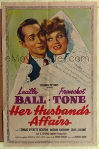 7s447 HER HUSBAND'S AFFAIRS 1sh '47 artwork of Lucille Ball, Franchot Tone!