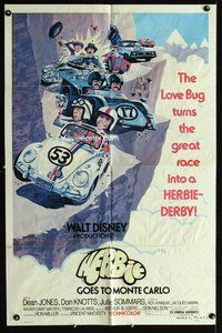 7s450 HERBIE GOES TO MONTE CARLO 1sh '77 Disney, wacky art of Volkswagen Beetle car racing!