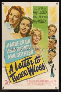 7s567 LETTER TO THREE WIVES 1sh '49 Jeanne Crain, Linda Darnell, Ann Sothern, young Kirk Douglas!