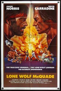 7s572 LONE WOLF McQUADE 1sh '83 great face off art of Chuck Norris & David Carradine by CW Taylor!