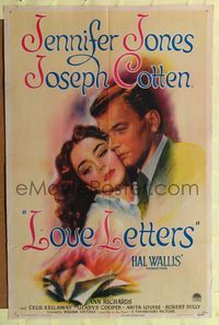 7s579 LOVE LETTERS style A 1sh '45 romantic c/u art of Joseph Cotten & Jennifer Jones, by Ayn Rand!