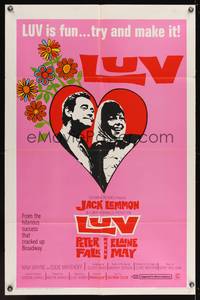 7s583 LUV 1sh '67 Clive Donner, Jack Lemmon, Peter Falk, Elaine May, flower-power artwork!