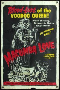7s585 MACUMBA LOVE 1sh '60 June Wilkinson, cool horror art, blood-lust of the voodoo queen!
