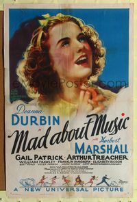 7s586 MAD ABOUT MUSIC 1sh '38 huge close up headshot portrait of young singing Deanna Durbin!