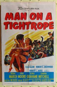 7s607 MAN ON A TIGHTROPE 1sh '53 directed by Elia Kazan, pretty circus performer Terry Moore!