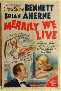 7s632 MERRILY WE LIVE style C 1sh '38 great close up art of Constance Bennett & Brian Aherne!